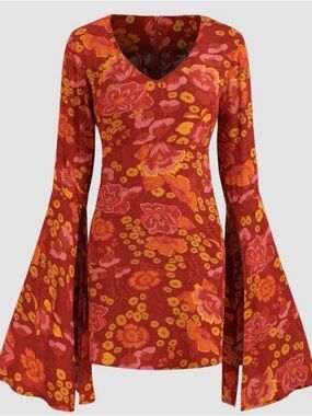 Groovy Floral Bell-Sleeve Mini Dress - New Cider Size Large